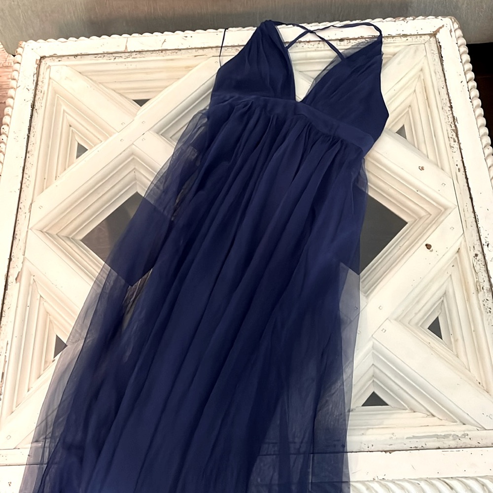 Full length navy blue tule bridesmaid dress